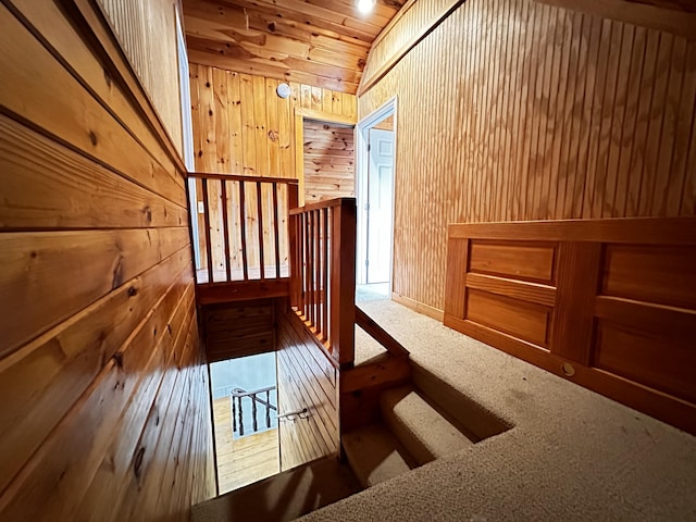 interior space featuring wooden walls, carpet, and wooden ceiling