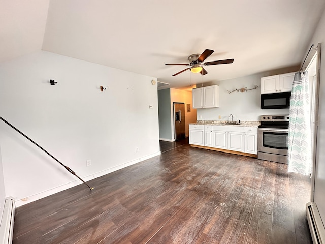 kitchen featuring ceiling fan, electric stove, sink, dark hardwood / wood-style flooring, and a baseboard radiator