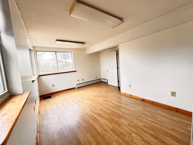 empty room with light hardwood / wood-style floors and a baseboard radiator