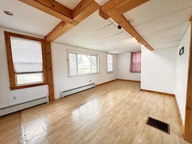 unfurnished room with light hardwood / wood-style floors and a baseboard radiator