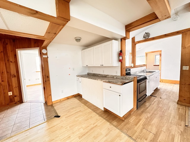 kitchen featuring stainless steel electric stove, beamed ceiling, white cabinets, sink, and light hardwood / wood-style floors