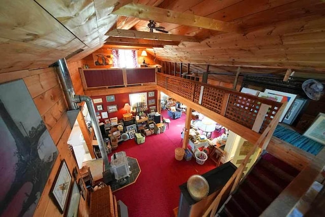 242 Crescent Park Rd, New Limerick, ME 04761 - living room with vaulted ceiling, ceiling fan, and wood ceiling