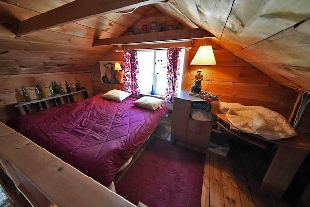 242 Crescent Park Rd, New Limerick, ME 04761 - bedroom with wooden walls, wood ceiling, and lofted ceiling