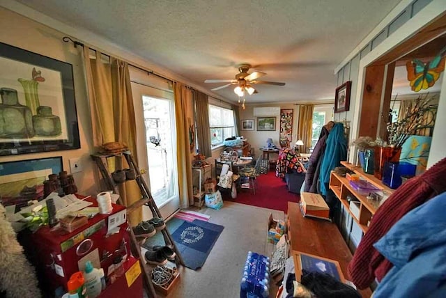 242 Crescent Park Rd, New Limerick, ME 04761 - interior space with ceiling fan, a textured ceiling, and a wall mounted AC