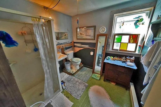 242 Crescent Park Rd, New Limerick, ME 04761 - bathroom with a baseboard heating unit and walk in shower