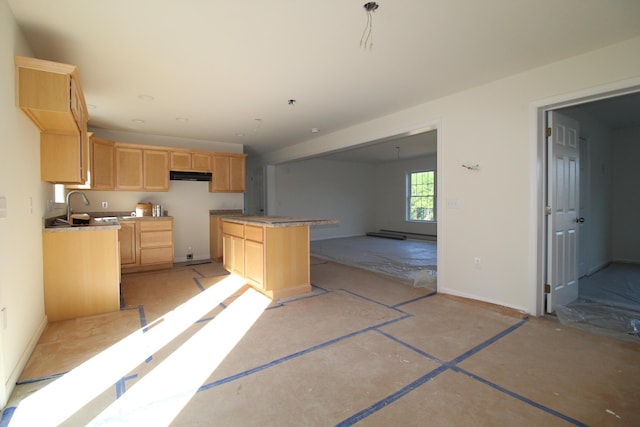 kitchen with a center island, sink, and light brown cabinetry