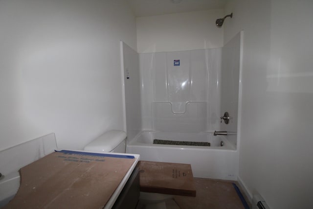 full bathroom featuring baseboard heating, vanity, bathtub / shower combination, and toilet