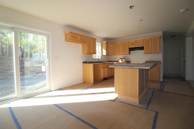 kitchen featuring light brown cabinetry, a kitchen island, and sink