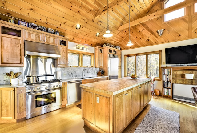 kitchen with a center island, backsplash, decorative light fixtures, light hardwood / wood-style flooring, and premium appliances