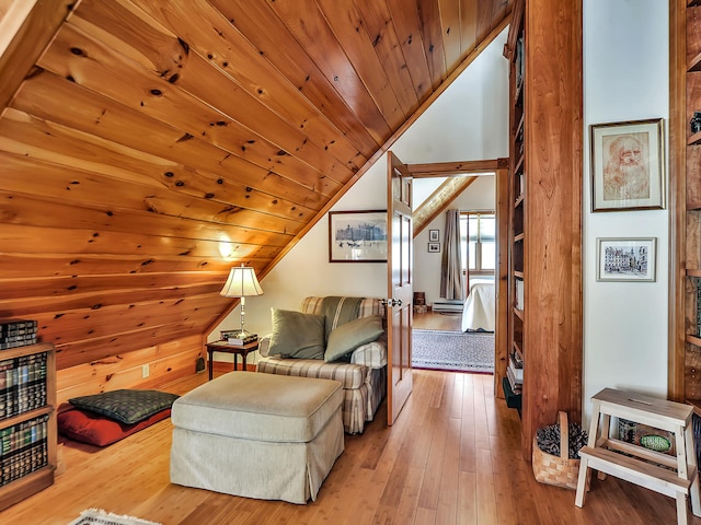 living room with wooden ceiling, vaulted ceiling, and wood-type flooring