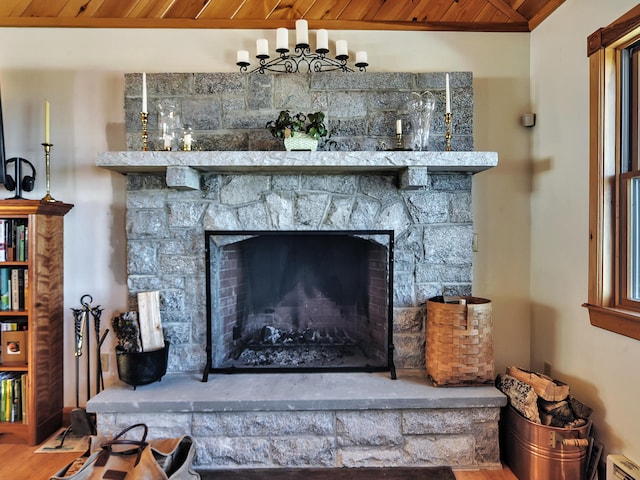 room details featuring a fireplace, a baseboard radiator, and hardwood / wood-style flooring