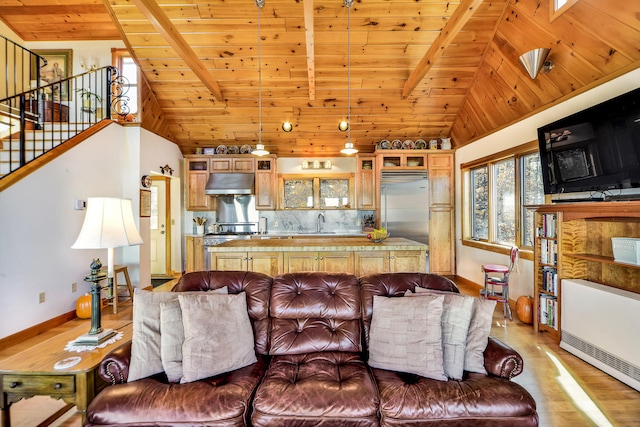 living room featuring wood ceiling, sink, high vaulted ceiling, beamed ceiling, and light hardwood / wood-style floors