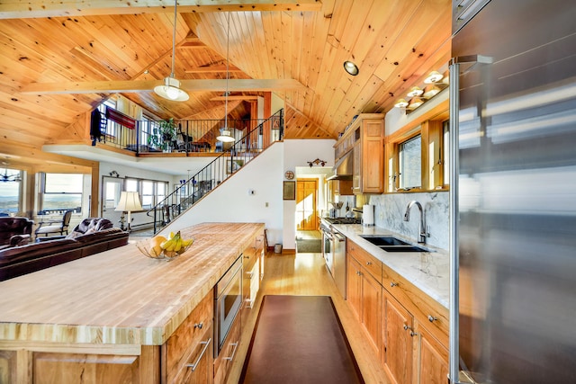 kitchen featuring sink, light hardwood / wood-style flooring, backsplash, pendant lighting, and wood ceiling