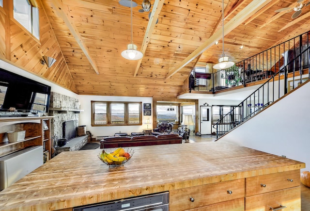 kitchen featuring beam ceiling, high vaulted ceiling, and wooden ceiling