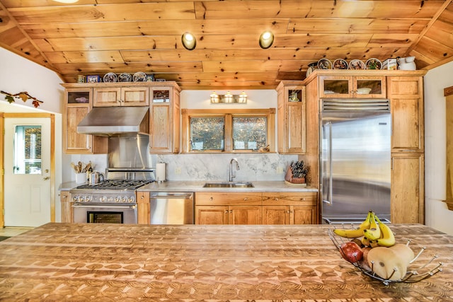 kitchen with high quality appliances, sink, extractor fan, and wooden ceiling