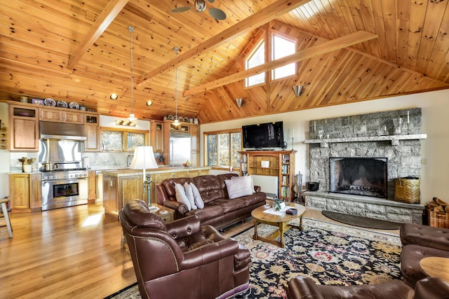 living room featuring beamed ceiling, ceiling fan, and wood ceiling