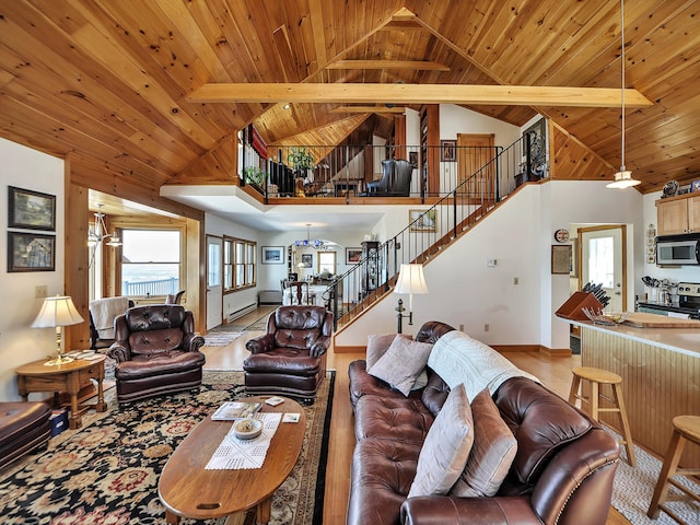 living room with beamed ceiling, ceiling fan, wooden ceiling, and high vaulted ceiling