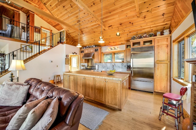 kitchen featuring wooden ceiling, built in fridge, beamed ceiling, backsplash, and light hardwood / wood-style floors