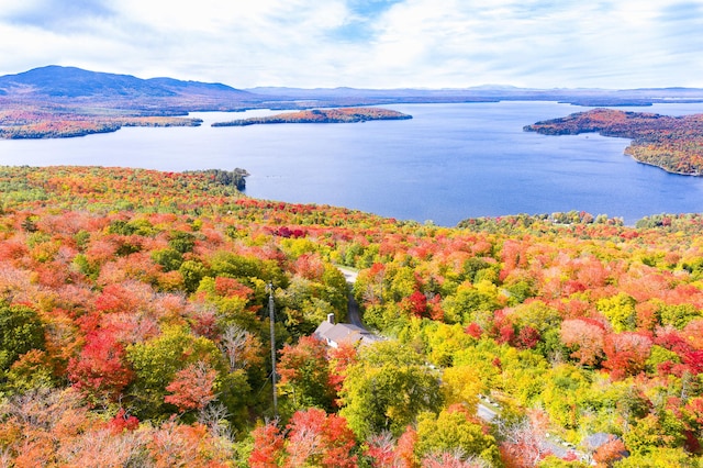 drone / aerial view featuring a water and mountain view