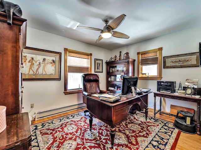 office featuring ceiling fan, wood-type flooring, and baseboard heating