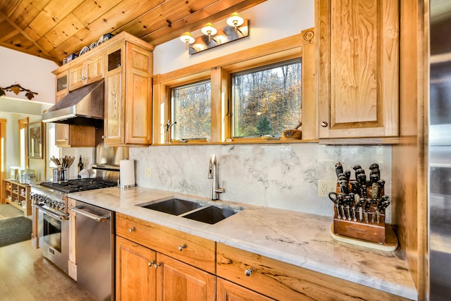 kitchen with sink, stainless steel appliances, wooden ceiling, light stone counters, and backsplash