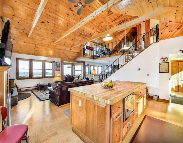 kitchen with pendant lighting, butcher block countertops, wooden ceiling, high vaulted ceiling, and beamed ceiling