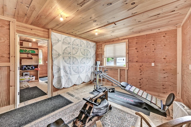 workout area featuring wood ceiling and wood walls