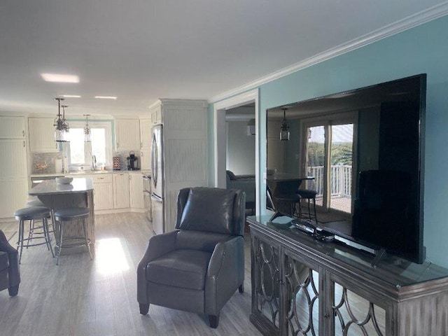 living room with light wood-type flooring and ornamental molding