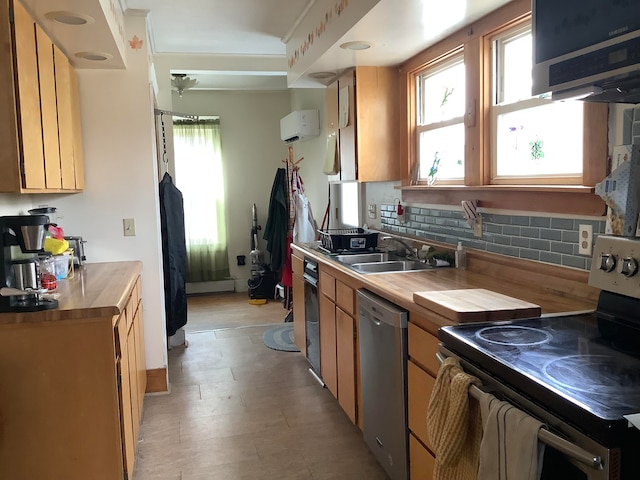 kitchen with tasteful backsplash, a wall mounted air conditioner, sink, range with electric cooktop, and stainless steel dishwasher