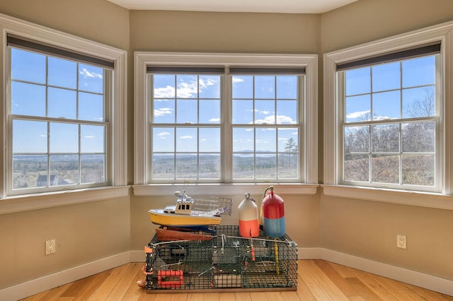 playroom featuring plenty of natural light, light wood-style flooring, and baseboards