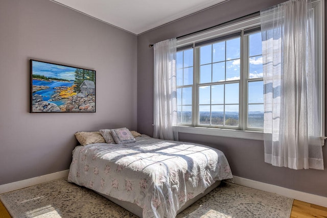 bedroom featuring multiple windows, baseboards, and wood finished floors