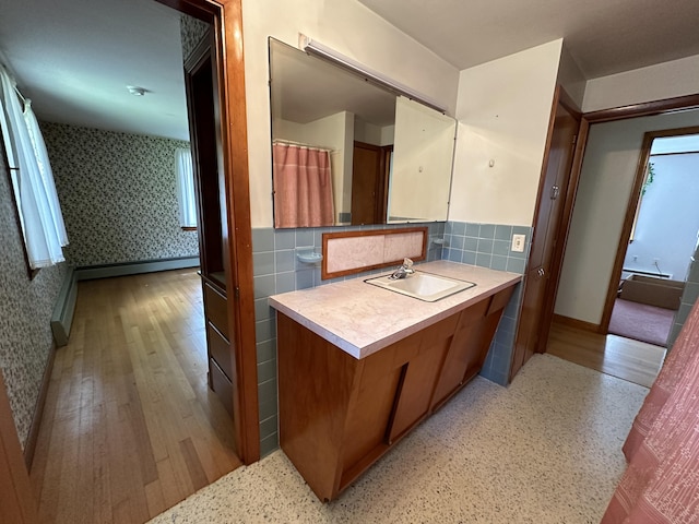 bathroom with decorative backsplash, hardwood / wood-style flooring, and vanity