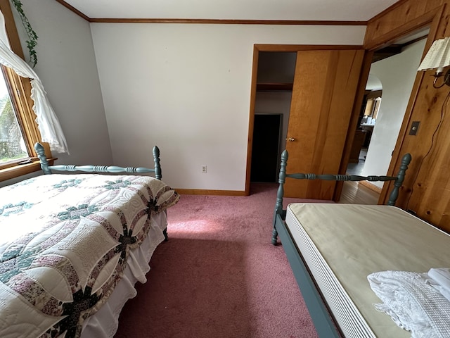 carpeted bedroom featuring a closet and crown molding