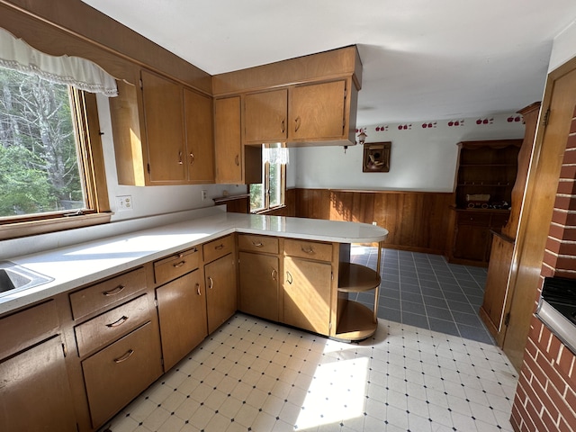 kitchen with wood walls and kitchen peninsula