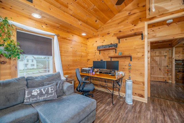 office featuring vaulted ceiling, hardwood / wood-style floors, wooden ceiling, and wooden walls