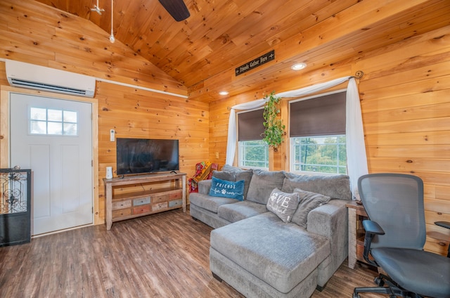 living room with hardwood / wood-style flooring, wooden walls, a wall mounted AC, vaulted ceiling, and wooden ceiling