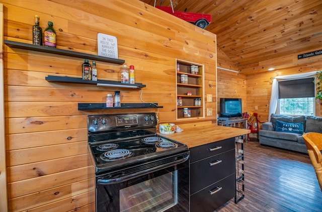 kitchen with lofted ceiling, electric range, dark hardwood / wood-style flooring, wooden ceiling, and wood walls