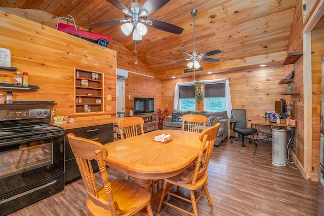 dining space featuring vaulted ceiling, an AC wall unit, wooden ceiling, wooden walls, and hardwood / wood-style floors