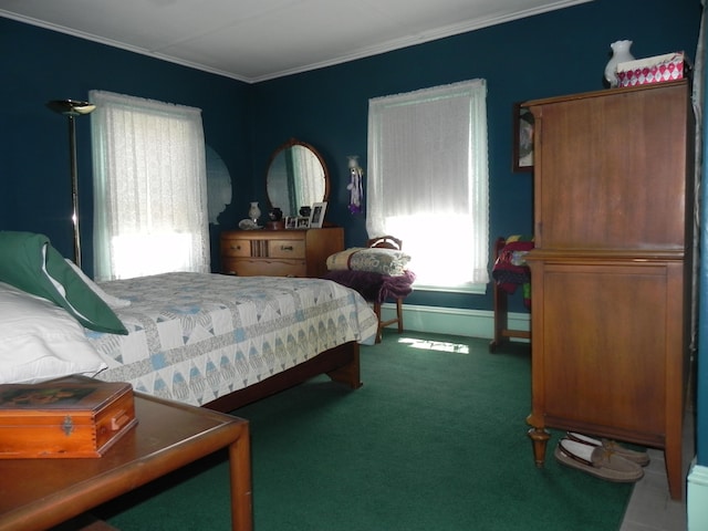 carpeted bedroom featuring crown molding