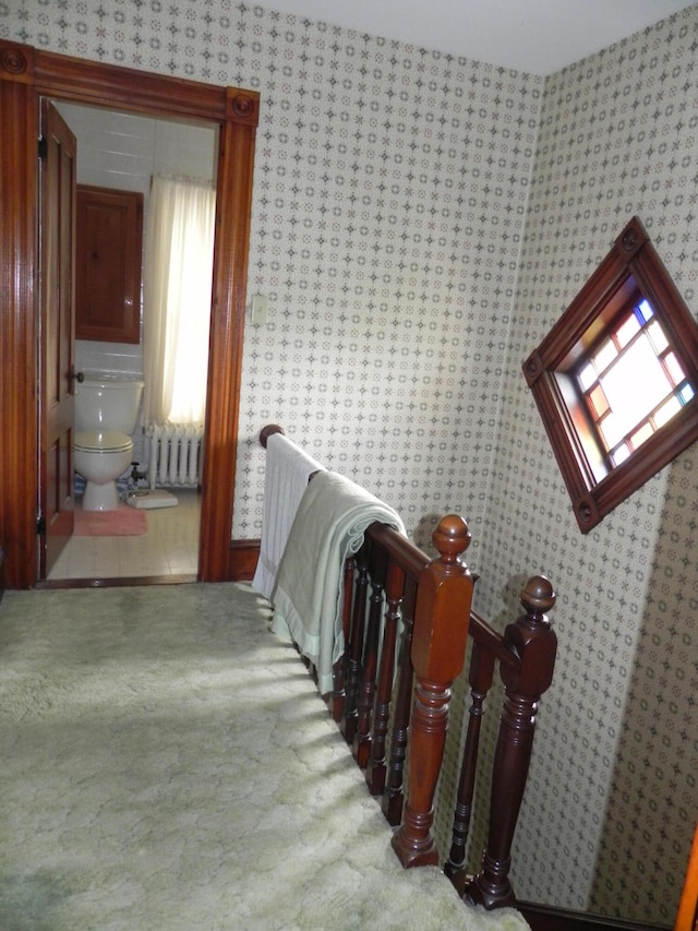 corridor featuring carpet, a skylight, and radiator heating unit