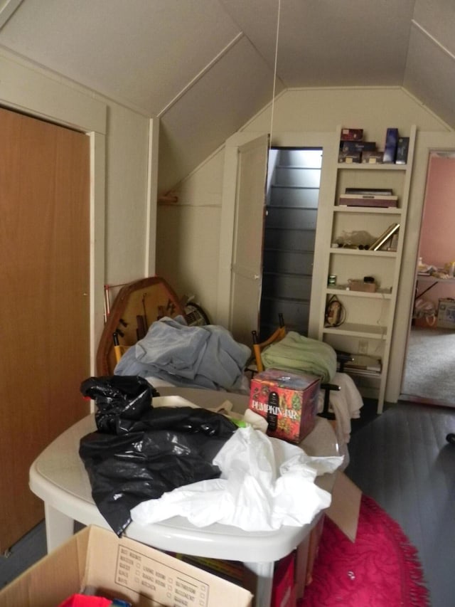 bedroom featuring wood-type flooring and lofted ceiling