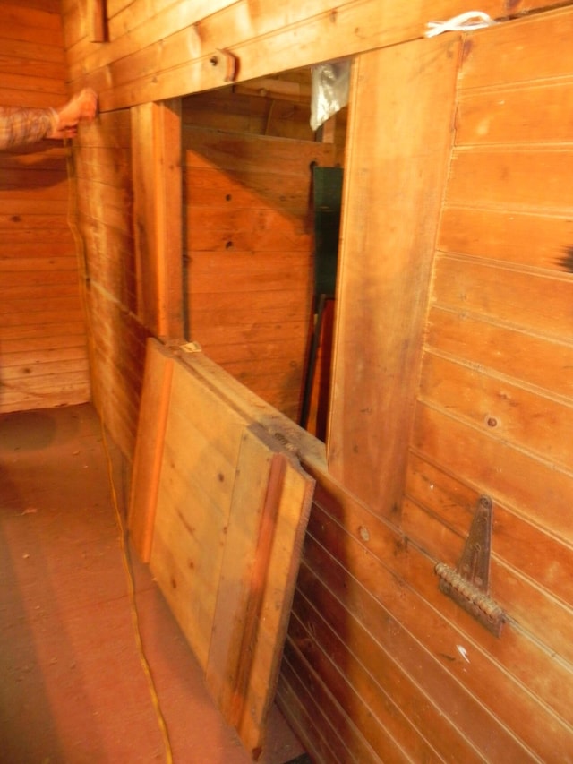 details featuring wood-type flooring and wooden walls