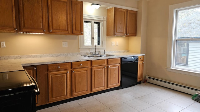 kitchen with dishwasher, light tile patterned floors, baseboard heating, sink, and electric range oven