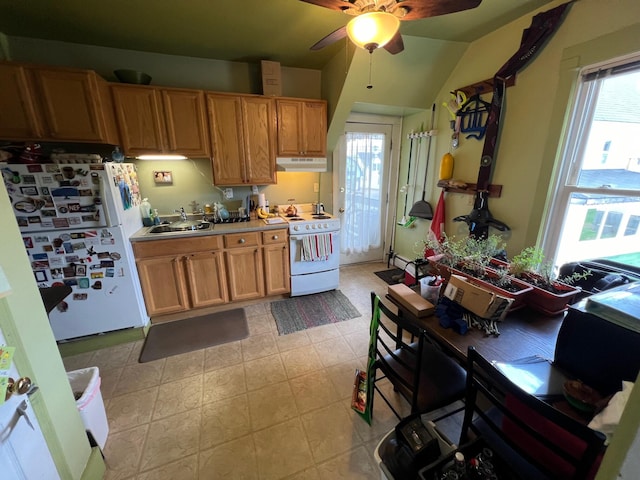 9 Tenney Hill Rd, Monson, ME 04464 - kitchen featuring a wealth of natural light, sink, white appliances, and light tile floors