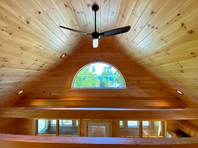 additional living space featuring wooden ceiling, ceiling fan, and vaulted ceiling