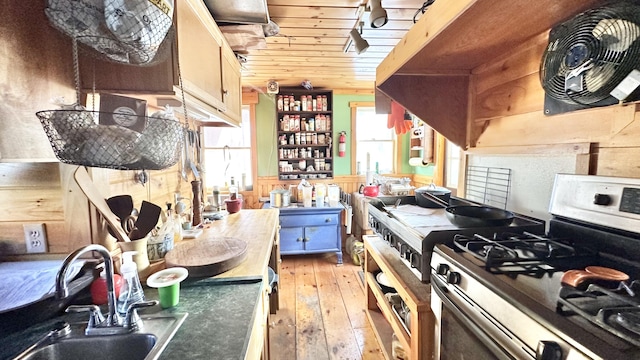 kitchen with wood ceiling, gas range oven, ventilation hood, sink, and light hardwood / wood-style floors