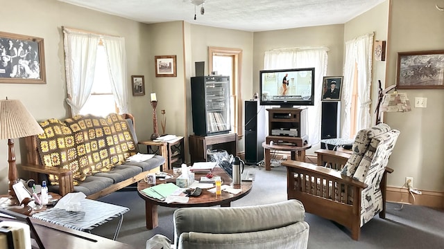 sitting room with carpet floors and a textured ceiling