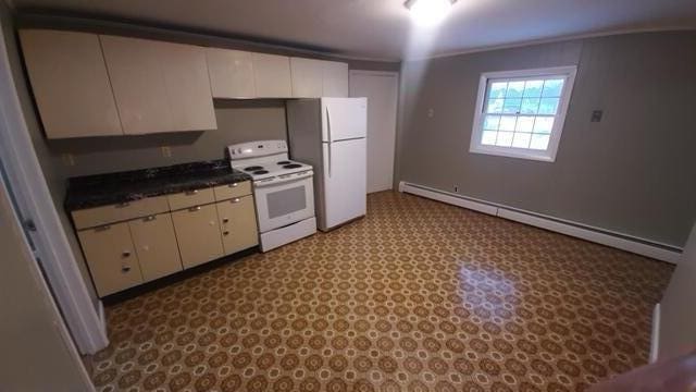 kitchen featuring white cabinetry, a baseboard radiator, white appliances, and light tile floors