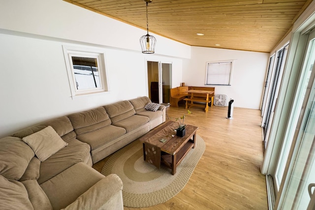 living room with vaulted ceiling, light hardwood / wood-style flooring, and wood ceiling