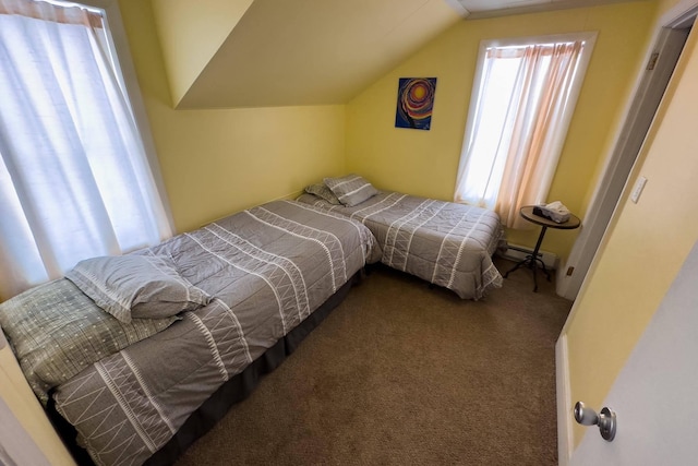 bedroom featuring carpet floors, baseboard heating, and vaulted ceiling